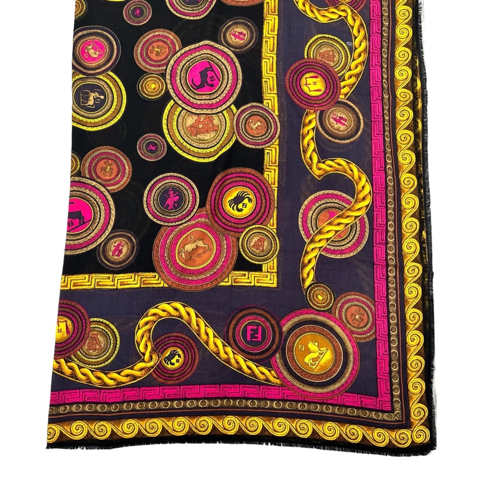 FENDI WOOL & SILK ZODIAC SIGNS IN BLUE, BLACK, PINK & GOLD FOULARD SCARF - Picture 7 of 14